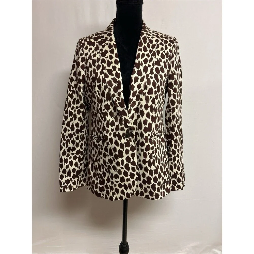 J Crew Womens Sz 10 Parke Blazer Cream Brown Animal Print Lining Cotton